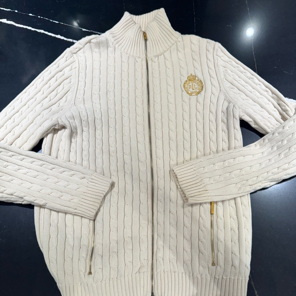 Ralph Lauren Sweater Womens Cable Knit Crest Full Zip Sweater Size Large